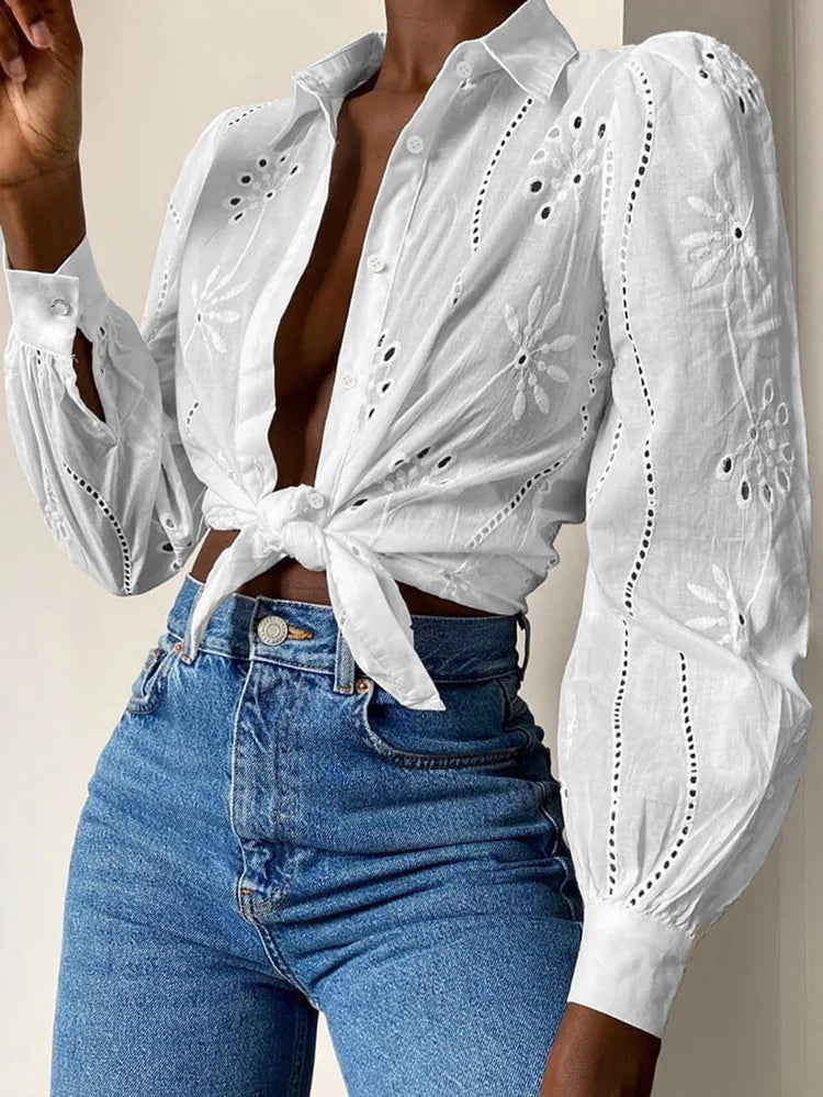 Vintage Floral Embroidery Hollow Out Puff Sleeve Boho Blouse