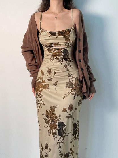 Botanical Floral Print Cowl Neck Spaghetti Strap Satin Slip Midi Dress