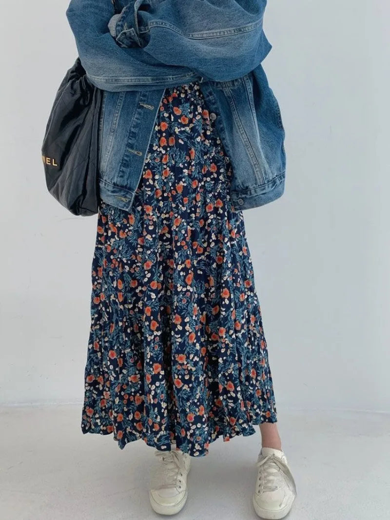 Vintage Flower Print High Waist Pleated Skirt