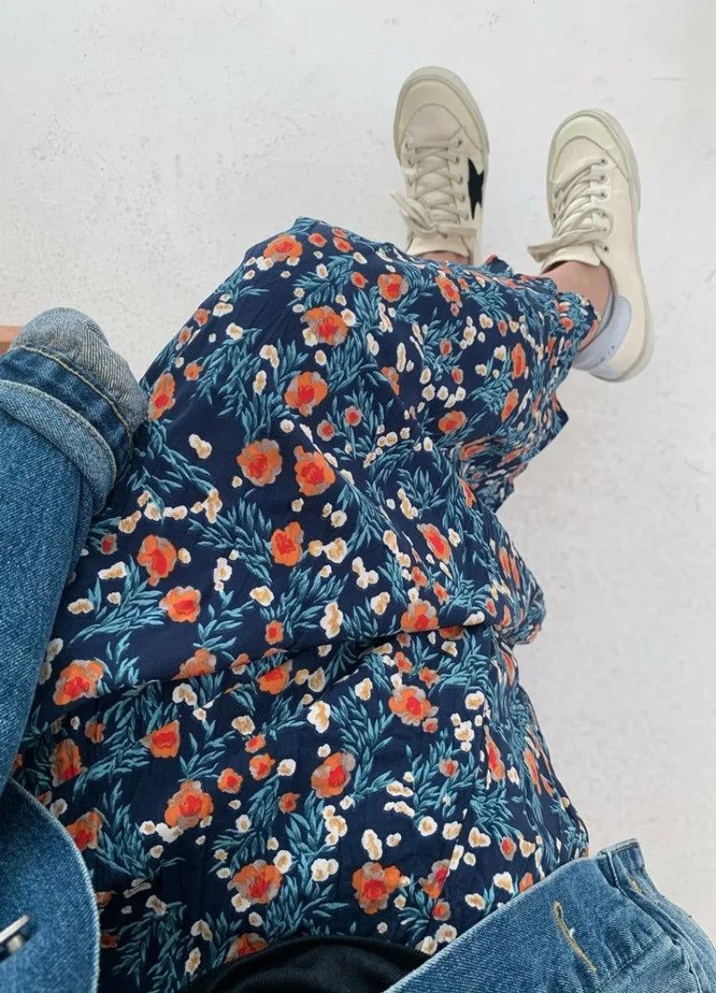 Vintage Flower Print High Waist Pleated Skirt