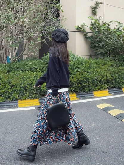 Vintage Flower Print High Waist Pleated Skirt