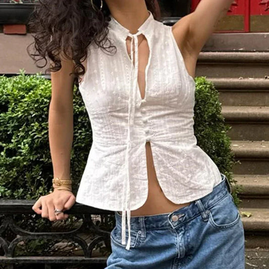 Vintage Jacquard Tie Up Neck Front Cutout Y2K Cottage Streetwear Crop Top