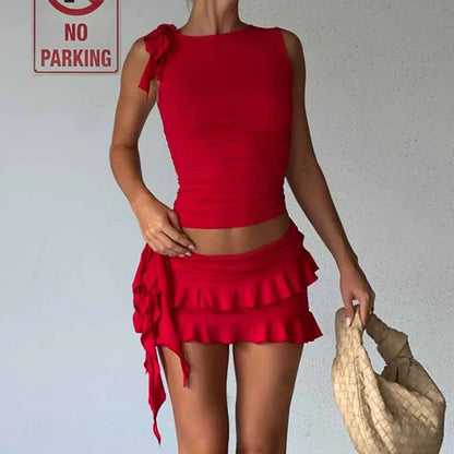 Vintage Lettuce Edge Tie Up Crop Top + Ruched Tiered Ruffles Mini Skirt Coquette 2 Piece Set Women Club Party Streetwear Outfits
