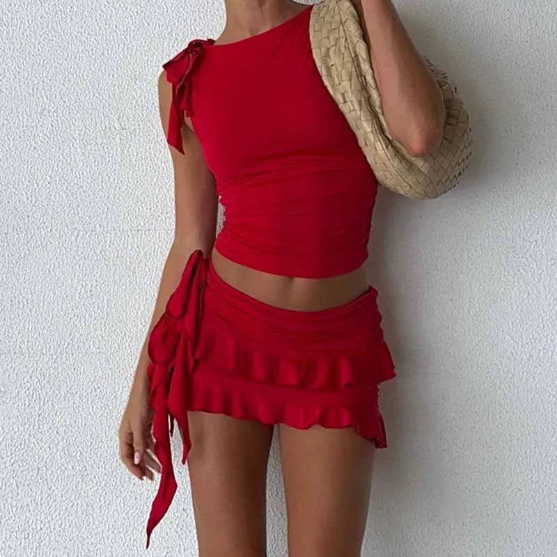 Vintage Lettuce Edge Tie Up Crop Top + Ruched Tiered Ruffles Mini Skirt Coquette 2 Piece Set Women Club Party Streetwear Outfits