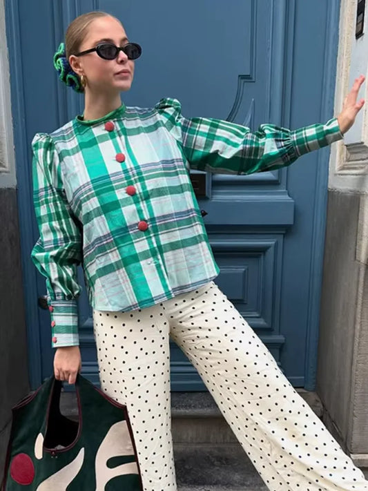 Vintage Plaid Contrasting O Neck Blouse