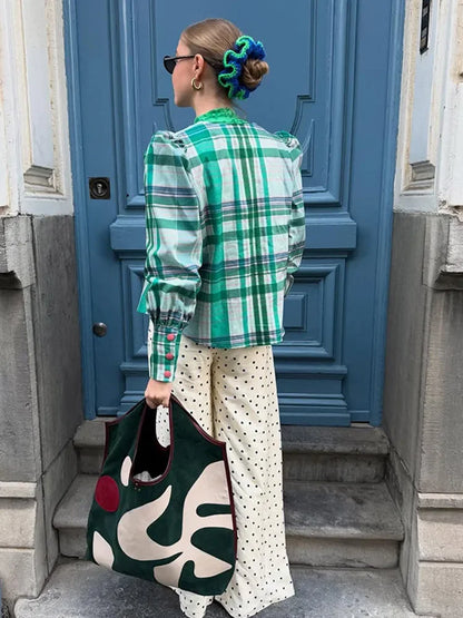 Vintage Plaid Contrasting O Neck Blouse