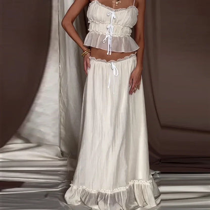 Ruffles Tie-Up Front Camis Crop Top Maxi Skirt Two Pieces Set