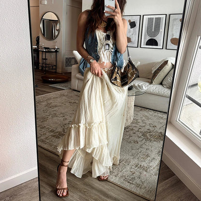 Ruffles Tie-Up Front Camis Crop Top Maxi Skirt Two Pieces Set