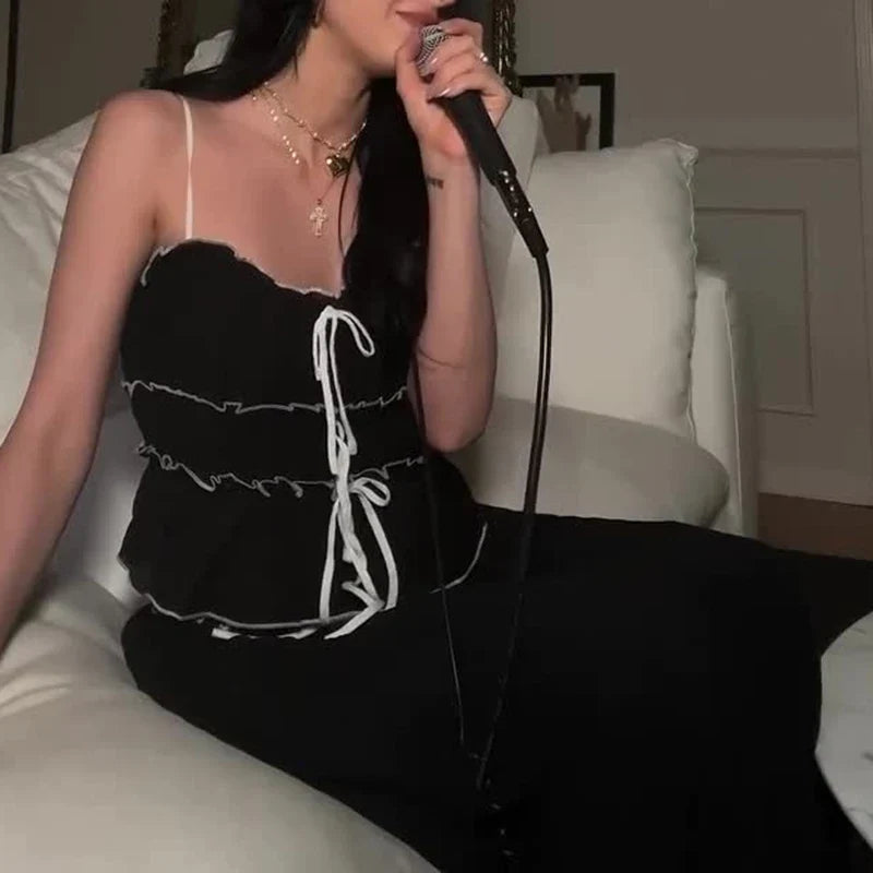 Ruffles Tie-Up Front Camis Crop Top Maxi Skirt Two Pieces Set