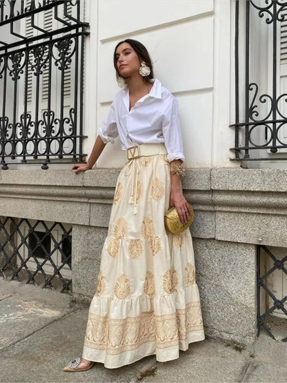 Vintage Printed Drawstring Elastic Waist Skirt