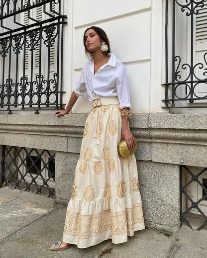 Vintage Printed Drawstring Elastic Waist Skirt