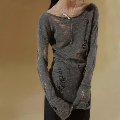 Grunge Hollow Out Knitted Sweater Slim Thin Pullover Knit Top