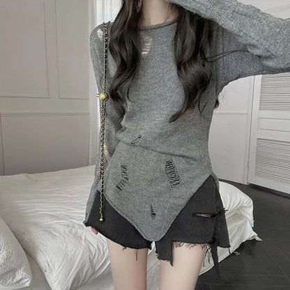 Grunge Hollow Out Knitted Sweater Slim Thin Pullover Knit Top
