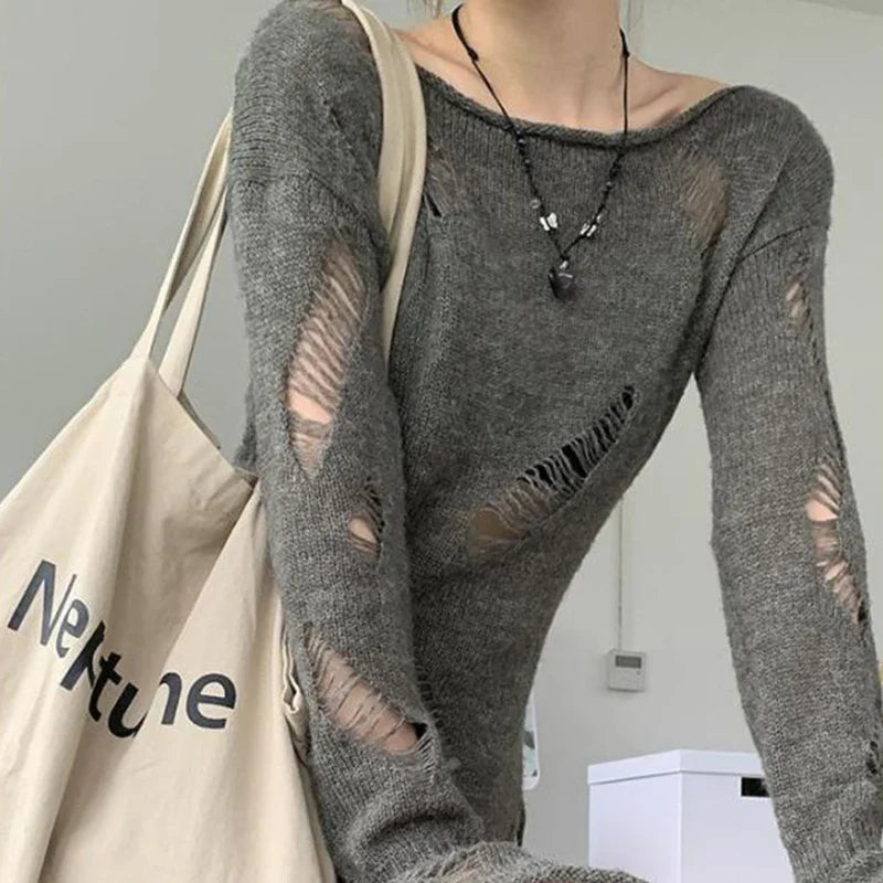 Grunge Hollow Out Knitted Sweater Slim Thin Pullover Knit Top