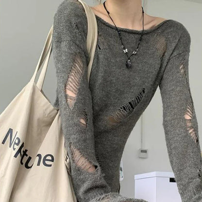 Grunge Hollow Out Knitted Sweater Slim Thin Pullover Knit Top