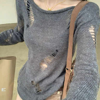 Grunge Hollow Out Knitted Sweater Slim Thin Pullover Knit Top
