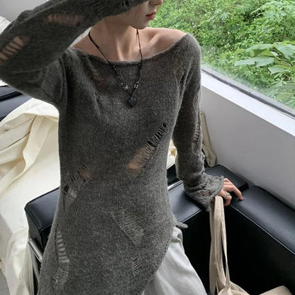 Grunge Hollow Out Knitted Sweater Slim Thin Pullover Knit Top