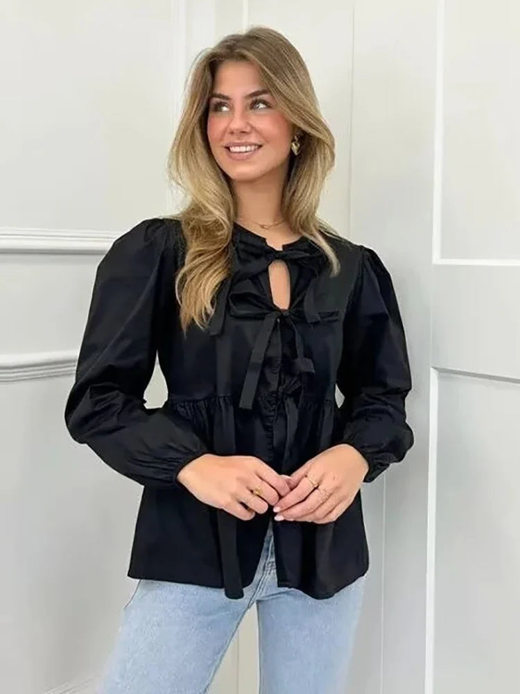 Vintage Puff Sleeve Bow Button Blouse