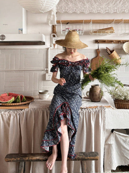 Vintage-inspired Contrast Floral Fishtail Dress