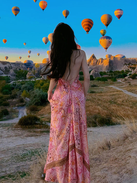 Vintage Bohemian Halter V-neck Dress