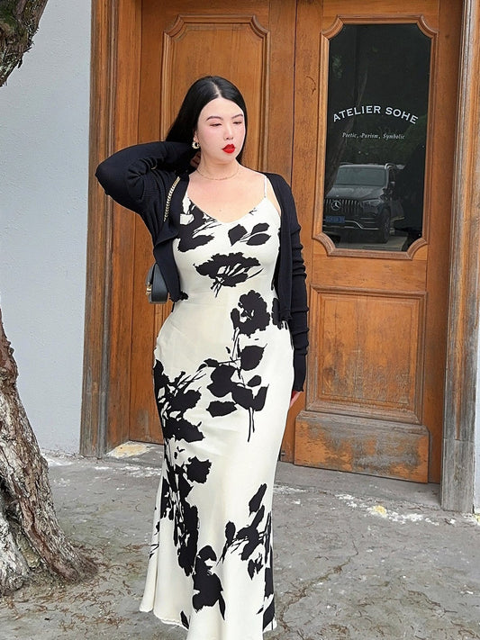 Floral Satin Slip Dress Plus-Size no cardigan