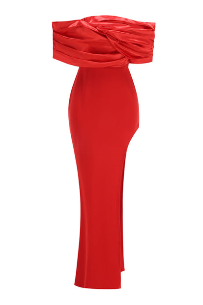 Sophia Off Shoulder Ruched Maxi Slit Dress