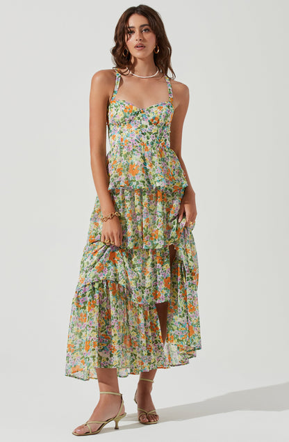 Cami Floral Backless Tiered Hem Maxi Dress Green