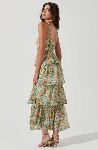 Cami Floral Backless Tiered Hem Maxi Dress Green
