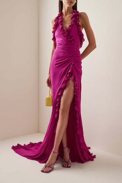 V-Neck Sleeveless BackLess Slit Ruffle Hem Maxi Dress
