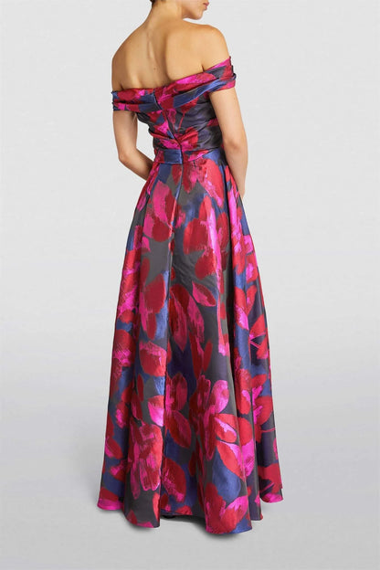 Floral Off-Shoulder Pleated Tapered Waist Gown