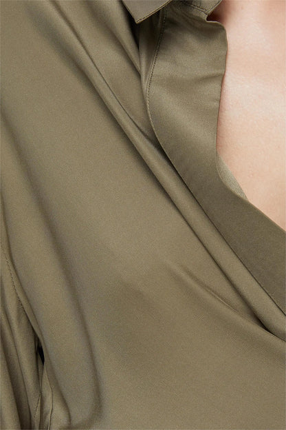 Long Sleeve Lapel Wrapped Maxi Dress Set Green