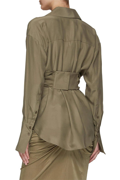 Long Sleeve Lapel Wrapped Maxi Dress Set Green