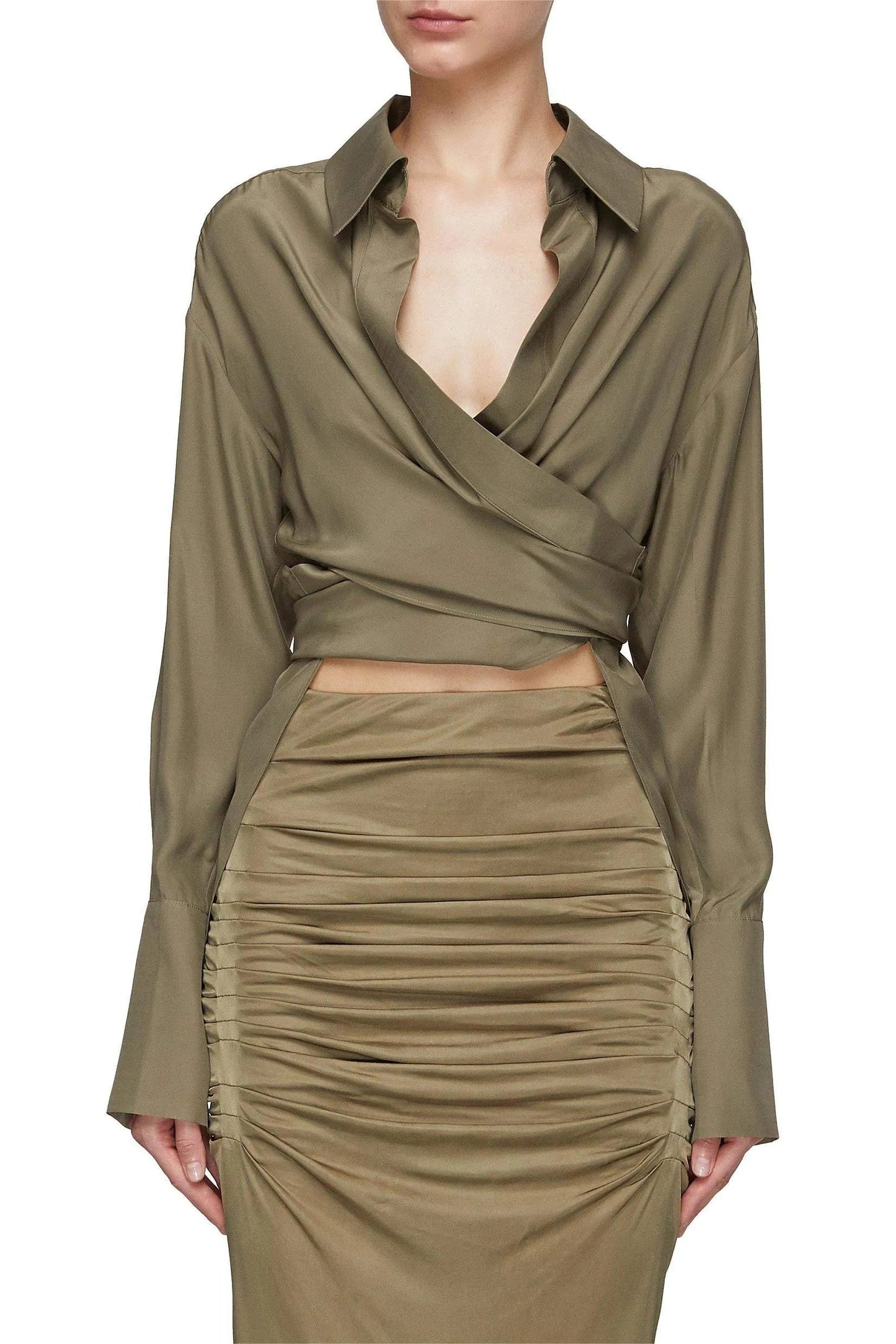 Long Sleeve Lapel Wrapped Maxi Dress Set Green