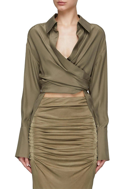 Long Sleeve Lapel Wrapped Maxi Dress Set Green