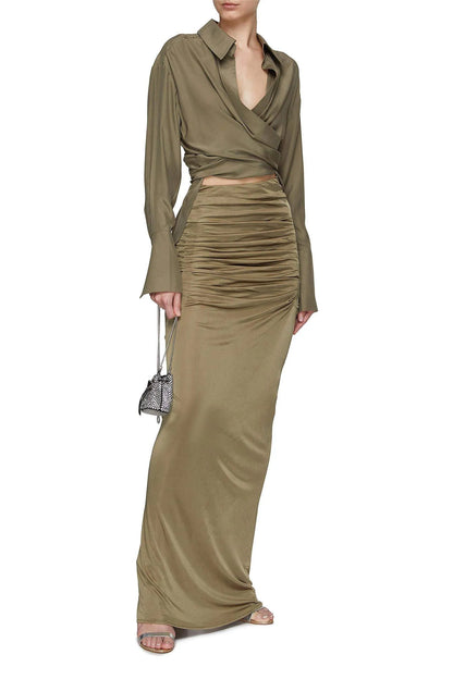 Long Sleeve Lapel Wrapped Maxi Dress Set Green