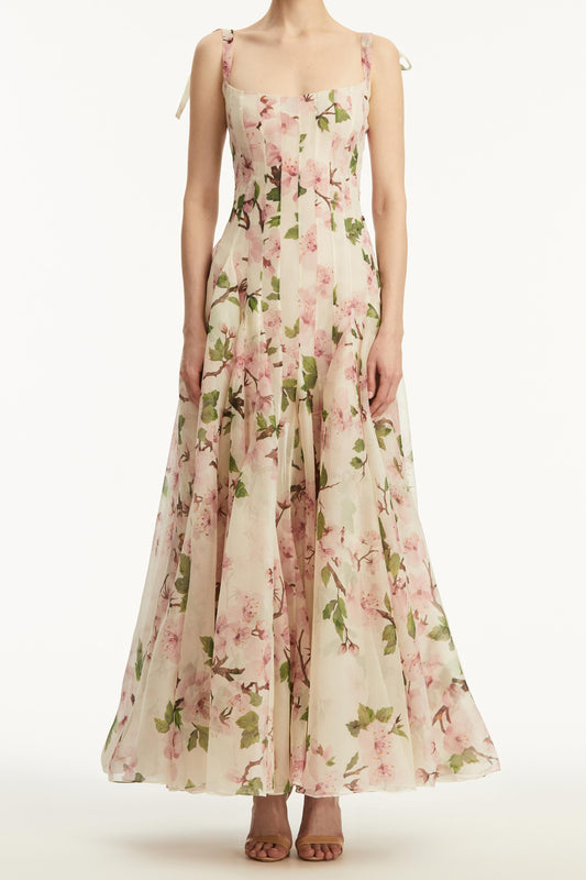 Floral Ruched Sweetheart Neck Maxi Dress