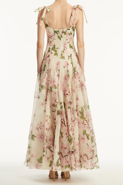 Floral Ruched Sweetheart Neck Maxi Dress