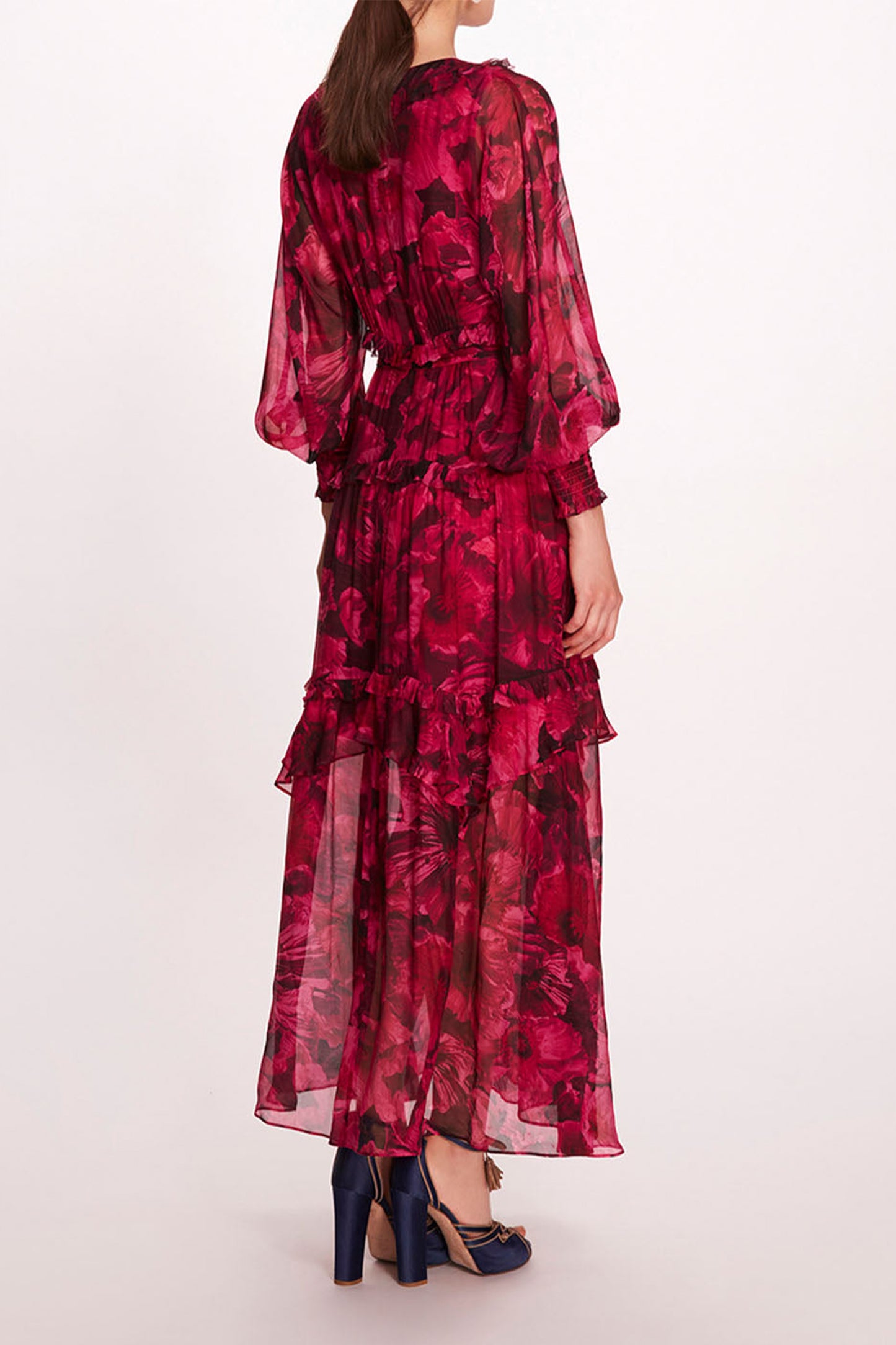 Floral Ruffle Lantern Sleeve Midi Dress