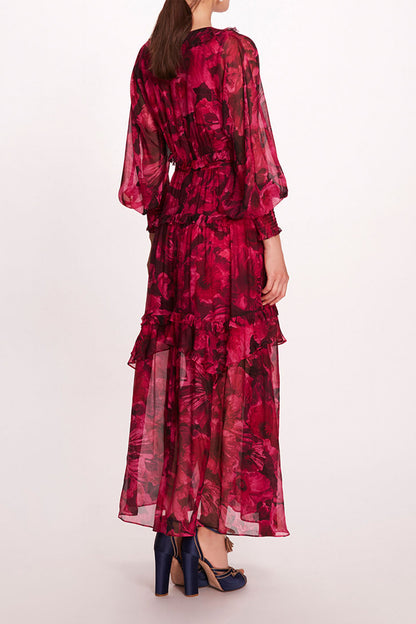 Floral Ruffle Lantern Sleeve Midi Dress