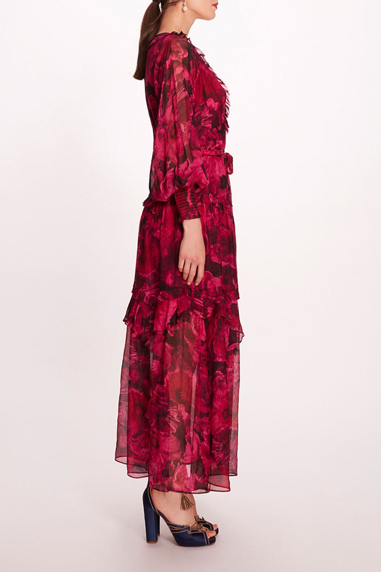 Floral Ruffle Lantern Sleeve Midi Dress