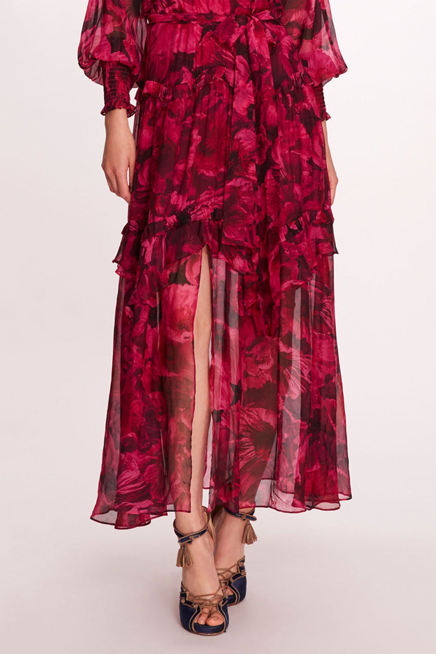 Floral Ruffle Lantern Sleeve Midi Dress