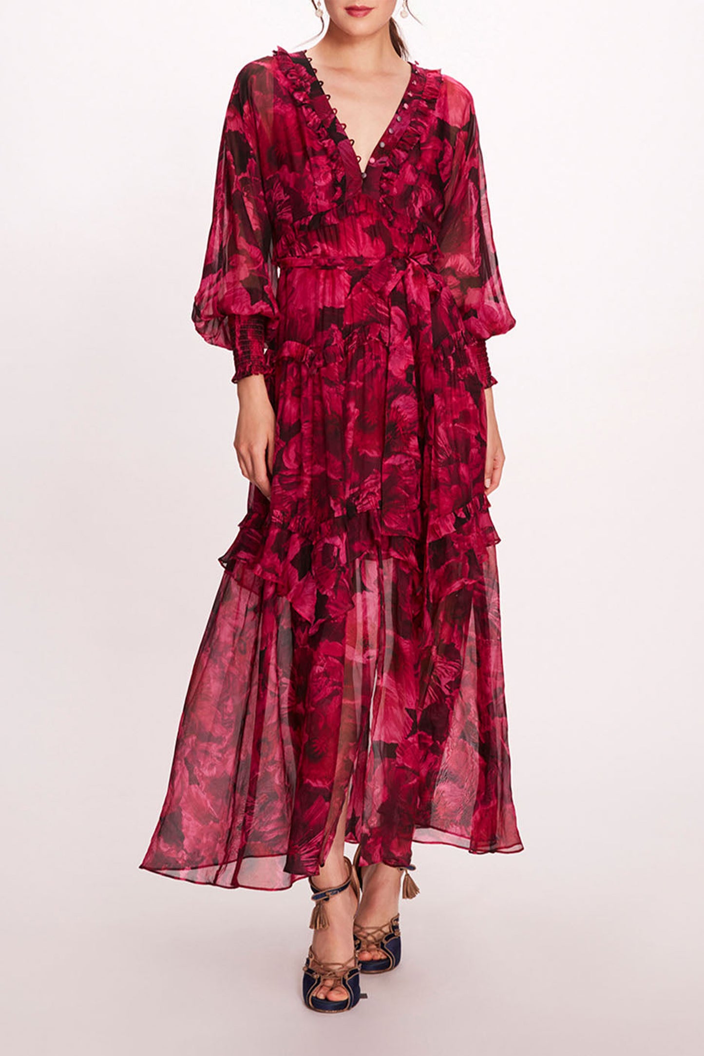 Floral Ruffle Lantern Sleeve Midi Dress