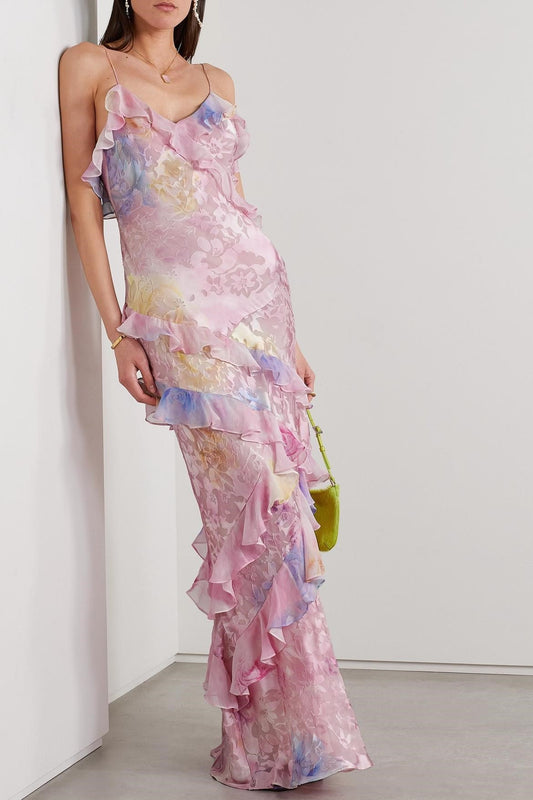 Floral Frill Sweetheart Neck Sleeveless Maxi Dress