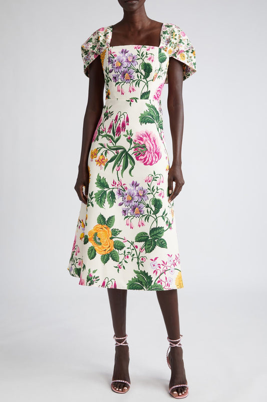Floral Bow Draped Short Sleeve Midi Dress
