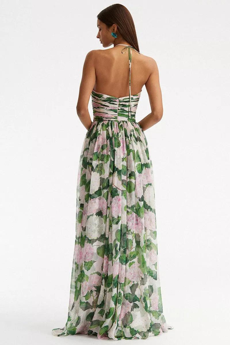 Floral Off-Shoulder Halter Neck Pleat Maxi Dress