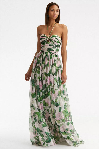Floral Off-Shoulder Halter Neck Pleat Maxi Dress
