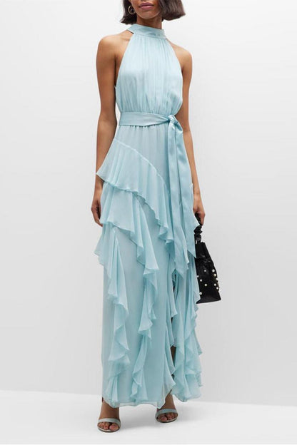 Chiffon Sleeveless Frill Split Midi Dress With Belt