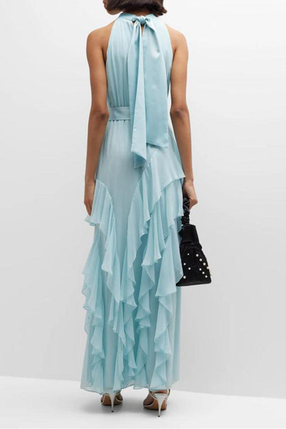 Chiffon Sleeveless Frill Split Midi Dress With Belt