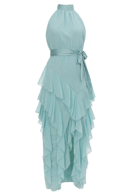 Chiffon Sleeveless Frill Split Midi Dress With Belt