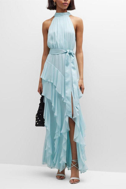 Chiffon Sleeveless Frill Split Midi Dress With Belt